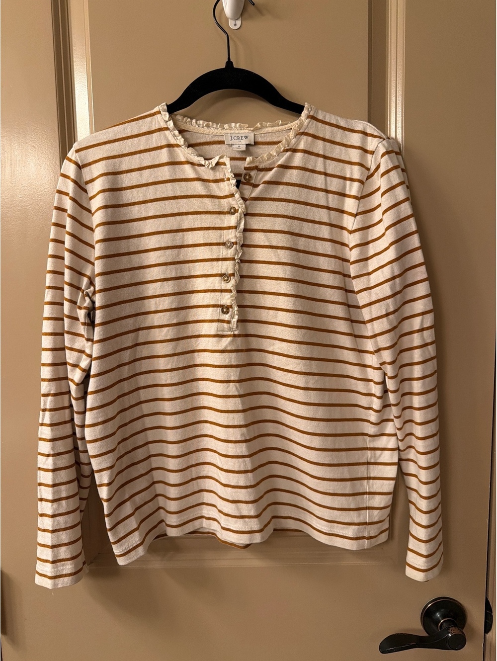 J.Crew Women's Long Sleeve Striped Henley Shirt Size S White and Brown